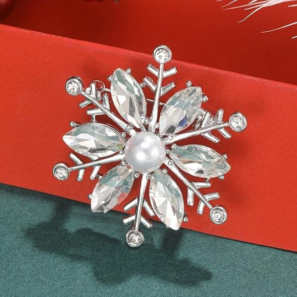 Crystal Snowflake Brooch for Women Rhinestone Winter Pin with Pearl Elegant - Picture 2 of 5